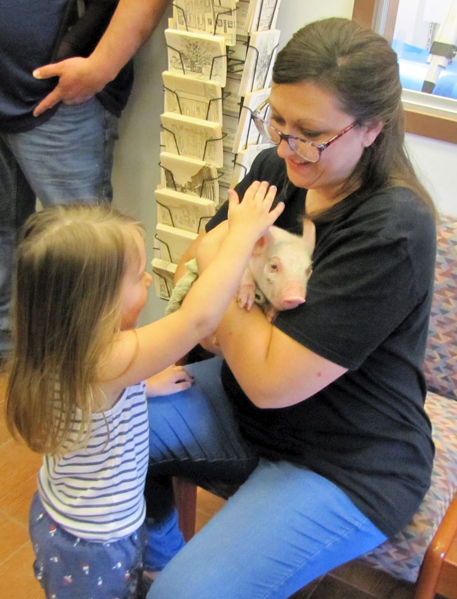 Adult and teen services librarian, Amanda Boksa, holds a piglet for young library patrons to pet.